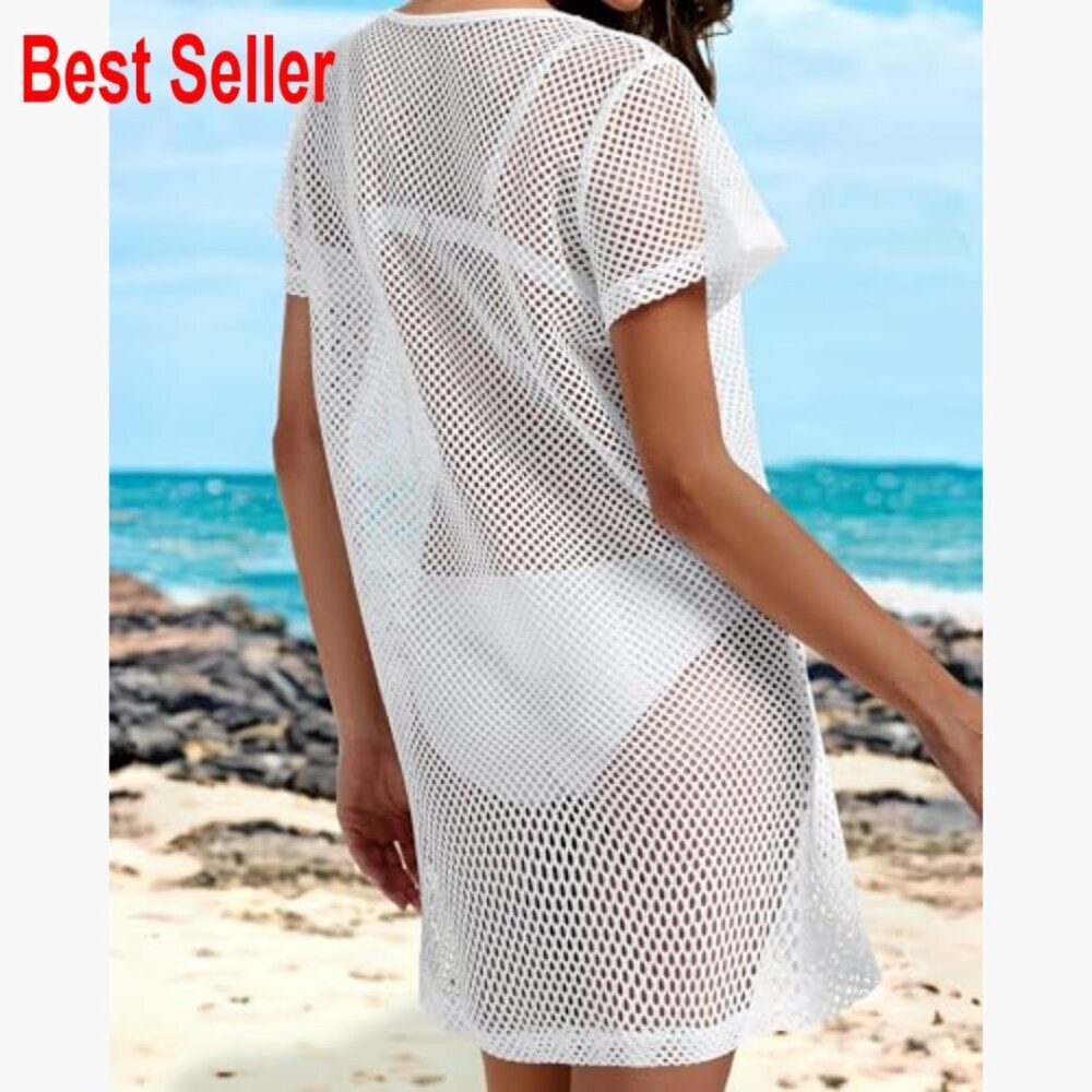 Polyester Hollow Out Beach Coverup Dress Short Sleeve Swimwear - Picture 5 of 6